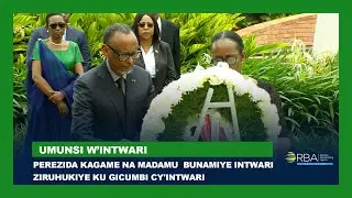 Perezida Kagame na Madamu  bunamiye Intwari ziruhukiye ku Gicumbi cy'Intwari