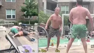 Shocking moment two men in swim trunks are filmed in savage poolside