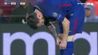 Messi taking a pill against Olympiakos
