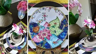 Summer Orchid Tablescape | Mottahedeh Tobacco Leaf Plates| Williams Sonoma Table Linens