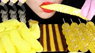 YELLOW FOOD ASMR FROG EGGS JELLY ASMR BANANA MARSHMALLOW, EDIBLE TAPE ASMR