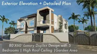 80X60 Feet Duplex House Design with 5 Bedrooms and open garden space