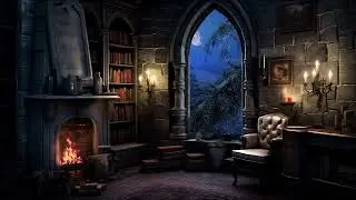 Library Ambience in a Mysterious Castle with Dark Piano Music & Fireplace Sounds