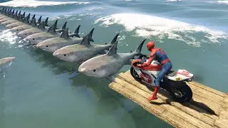 سبايدرمان يقود الدباب فوق جسر أسماك القرش قراند 5 GTA V Spiderman driving on a sharks bridge