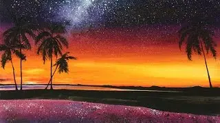 Watercolor Hawaiian Night Palm Trees Painting Demonstration