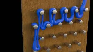Two colors running down metal bolts on a wooden board