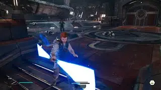 Cal holsters double bladed lightsaber like a boss