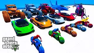 الأبطال الخارقين على دراجة نارية - Superheroes on a motorcycle ride on the stairs with sharks GTAV