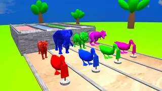 fountain crossing with elephant, lion, tiger, dinosaur, duck | paint and animals gorilla cow cartoon