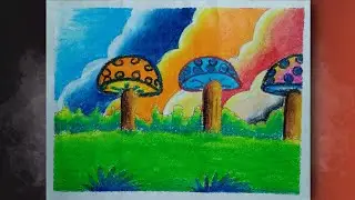 Very Easy Scenery Drawing Tutorial With Mushroom | How To Draw A Easy Scenery For Beginners