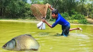New Fishing Video ||Traditional Village Boys Carp Fish Catching By Hand In Pond Mud Water