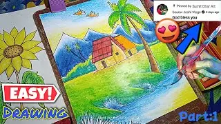 Draw mountain river side village scenery with oil pastel colors | new village scenery drawing part:1