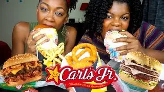 Carl's Jr Mukbang| Jalapeno Double Cheese Burger, Baby Back Rib Burger w Onion Rings |MEET MY SISTER