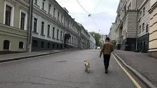 Danila Kozlovsky and his dog on the deserted streets of Moscow
