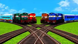 4 Passanger Trains Fast Crossing Crisscrossed On Dangerous Curved Sharp Bend Railroad Track ⚠️Train