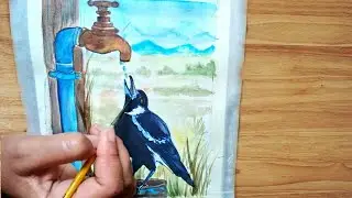 HOW TO DRAW A BIRD DRINKING WATER From A Tap With watercolor | Bird drinking from water tap | Bird