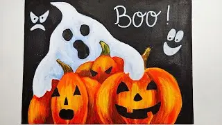 🎃Halloween Painting | Step by step Acrylic Painting | Jack-o Lantern Pumpkin & Ghost