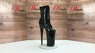 Pleaser Beyond 1020 Black Patent Lace Up Front Ankle Boots 10 inch High Heels