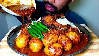 SPICY EGG CURRY || GREEN CHILLI || FISH FRY WITH RICE EATING SHOW|#HungryPiran