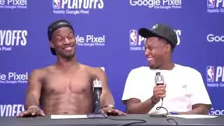 Jimmy Butler and Kyle Lowry are too funny 'I'd take my shirt off too but   '   😂