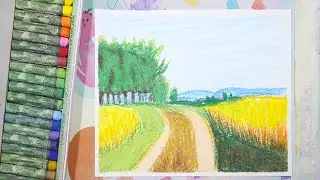 Как нарисовать ДОРОГА СЕЛА В ПОЛЕ ПШЕНИЦЫ Пейзаж масляной пастелью