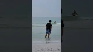 Anton is testing out water temperature,  Siesta Key Beach, Florida.  December 22, 2022