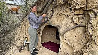 Solo bushcraft Camping girl. Survival in a cozy shelter