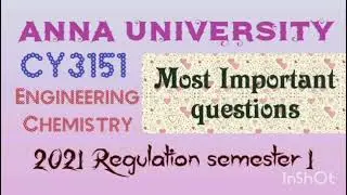 Engineering Chemistry|Sem1 AU| Important questions to pass easily | CY3151 |