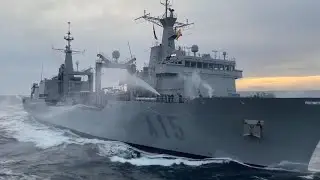 Sail past by Spanish auxiliary ESPS Cantabria as she leaves NATO group