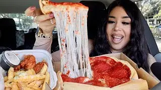 CHEESY Chicago Deep Dish Pizza + Hot Wings and Garlic Parmesan Fries ASMR Mukbang