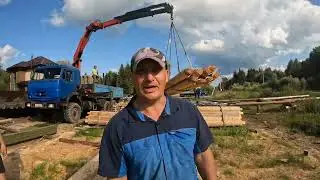 Грузим сруб 3х6. Работа манипулятора