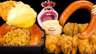 Kielbasa Sausage Black Bean Noodles, Fried Chicken! ASMR Mukbang Eating Show!