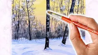Зимний лес.  Рисунок маслом