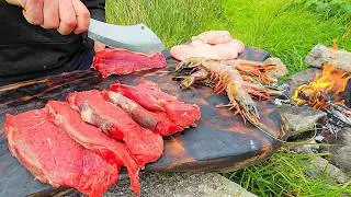 Ultimate SURF & TURF in the Wild | Hot-Stone Steak + Crunchy Shrimp ASMR Cooking