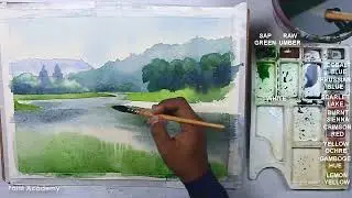 Watercolor Beautiful Mountain Landscape with Flowers beside the River Painting