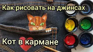 Роспись на джинсах. Кот в кармане. Краски по ткани Decola
