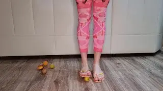 Crush lime fruits with my Havaianas flip flops and barefeet 