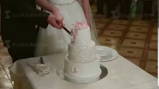 A bride and a groom is cutting their wedding cake