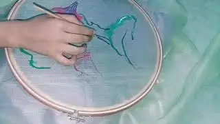 Flowers with Hummingbirds design in Light green Fabric Part 1 || Fabric painting