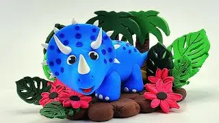 ✅️ВЕСЁЛЫЕ ДИНОЗАВРЫ.🦕 ЛЕПИМ ТРИЦЕРАТОПСА из воздушного пластилина. 💫 #diy #динозавры