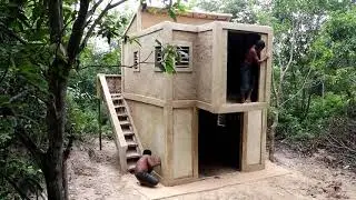 The Most Beautiful Twin Story Mud Villa PART 1 | in Deep Jungle | Primitive LIFE(4K)