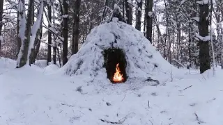 Wikiup Shelter Build - Snow Storm, Forest Camp | Winter Bushcraft
