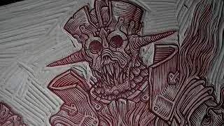 Giant Robot vs. Outer God Linocut Block