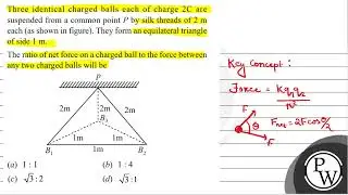 Three identical charged balls each of charge \( 2 \mathrm{C} \) are suspended from a common poin...