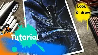 Drawing "Alien" with pencils 👽...Tutorial. /// Рисуем карандашами "Чужой"