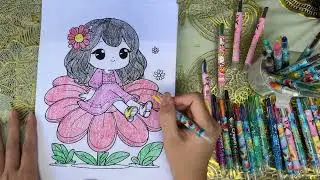 Color the girl in a pink dress sitting on a red flower