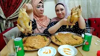 تحدي اكل2فرخه بلدي شمورت2صنيه كبيره مكرونه اسباجتي مع التوميه وحكينا قصه عماره رشدي