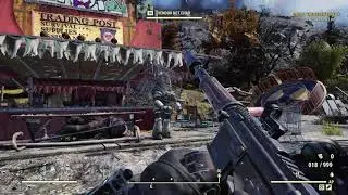 Vendor bot with a shopping cart on its head in Fallout 76