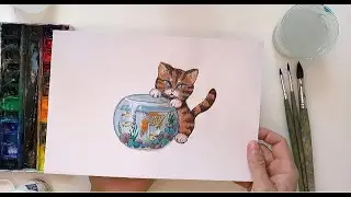 Рисуем котика и аквариум с рыбками. Как нарисовать котика и аквариум. Урок рисования. Drawing cat/