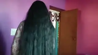 long hair women working at home with floor length long hair 🤗